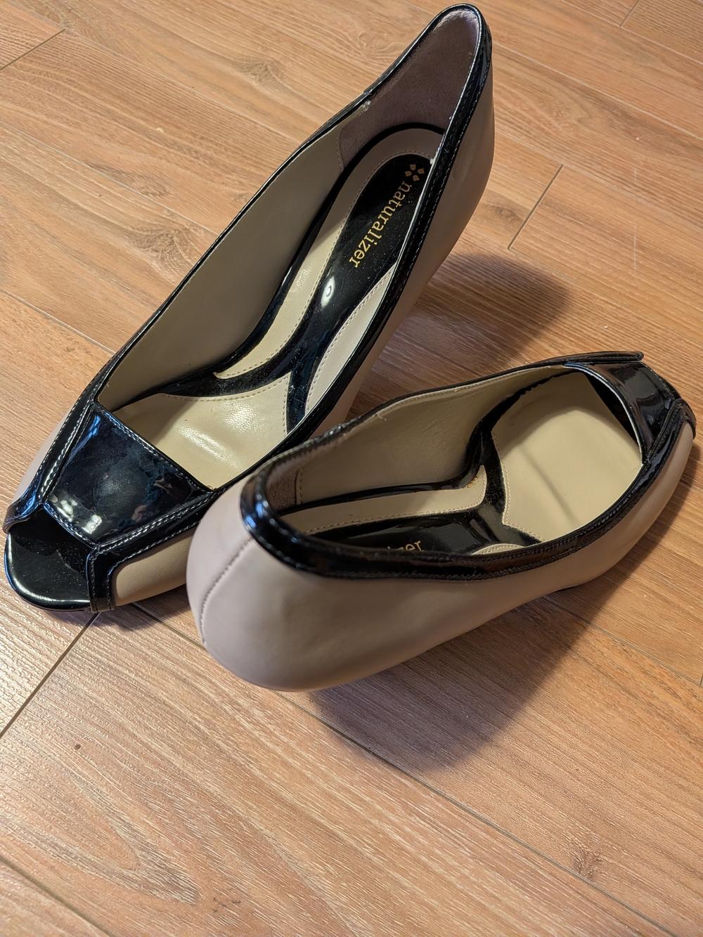 Naturalizer Two-Tone Beige and Black Peep-Toe Heels